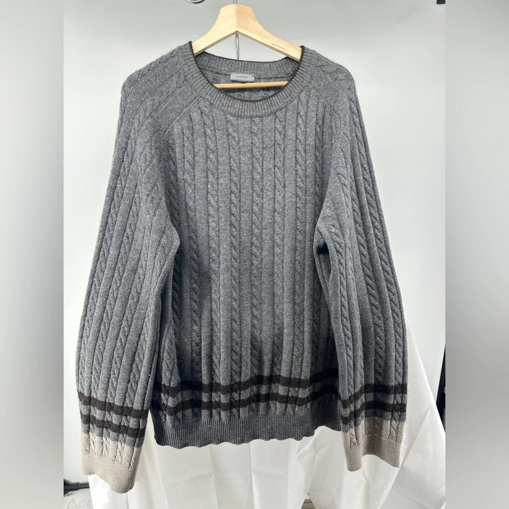 Lanvin will cashmere blend gray and burgundy cable knit sweater